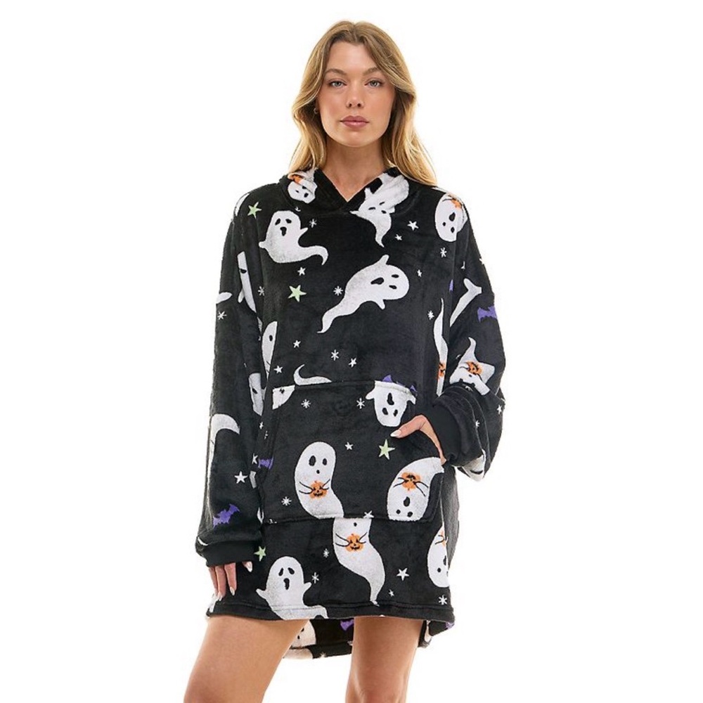 Halloween Soft Hooded Poncho Black with Ghost Pattern Women’s Size Small-Medium